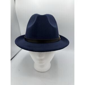 Navy Blue Fedora Hat w/ Gold Leaf Accent | Size 57 | 100% Polyester